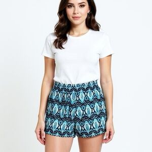 WILDFOX Womens Size M Lightweight Rayon Summer Shorts Geometric Feathers Blue